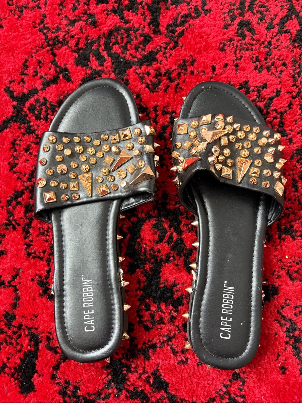 Cape Robbin Black Slide Sandals with Gold Spike Accents